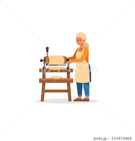 Woman making pasta using a traditional machine in a light colored studio flat lay illustration for Woman making pasta using a traditional machine in a light colored studio flat lay illustration for 133473968