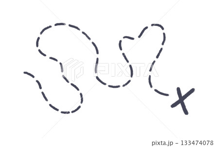 Old pirate treasure map. Dashed line and X sign on map. Path to treasure and gold location. Old pirate letter. Vector illustration isolated on white background 133474078