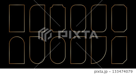 Thin golden frame set in art deco style. Luxury line rectangle and arch gold borders. Brass glowing shiny boarder element pack for photocard. Vector illustration isolated on black background 133474079