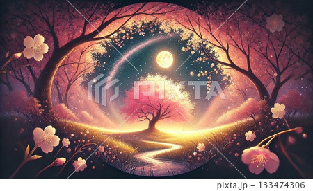 満月の光に包まれた桜の楽園、光の川が流れる幻想的な夜のファンタジー風景イラスト 133474306