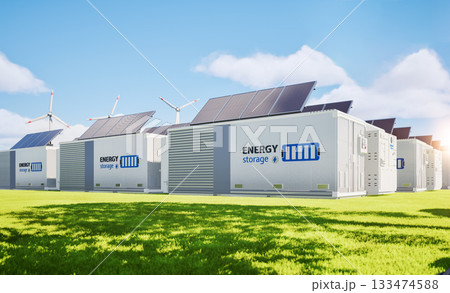 Group of energy storage systems or battery container units with various sources of energy 133474588
