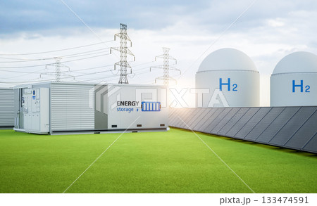 Group of energy storage systems or battery container units with various sources of energy 133474591