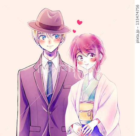寄り添う着物の女性と白人の背広の男性　恋愛 133474756