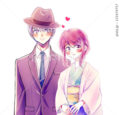 寄り添う着物の女性と背広の男性　恋愛 133474757