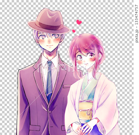 寄り添う着物の女性と背広の男性　恋愛 133474757