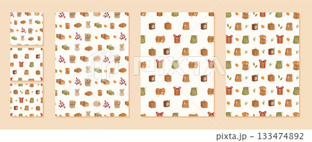 Rustic kraft gift box seamless pattern with ribbon and bow. Present and package pattern as xmas craft collection for festive background, holiday wrapping, seasonal decor concept. 133474892