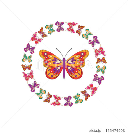 Groovy y2k butterfly design in a funky border with a colorful circle pattern frame. Graphic art shows retro style and modern pop look, perfect for bold prints and vibrant contemporary 133474908
