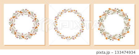 Flat pack of round xmas wreath garland. Red border and kraft decor with holiday collection for christmas box or gift. Seasonal ornament for winter holiday, festive decoration set. 133474934