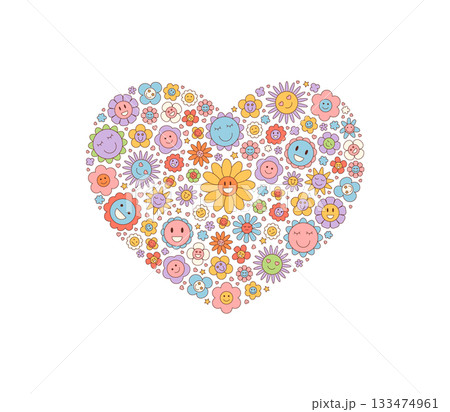 Groovy retro floral heart sticker with cute smiley flower pattern. Colorful happy love concept in a y2k background, vibrant and playful for positive pop art design themes. 133474961
