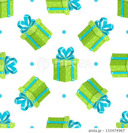 Seamless cartoon pattern with gift boxes. Presents with ribbons and bows create a playful, festive design. Ideal for birthday surprises and party wrapping themes. 133474967