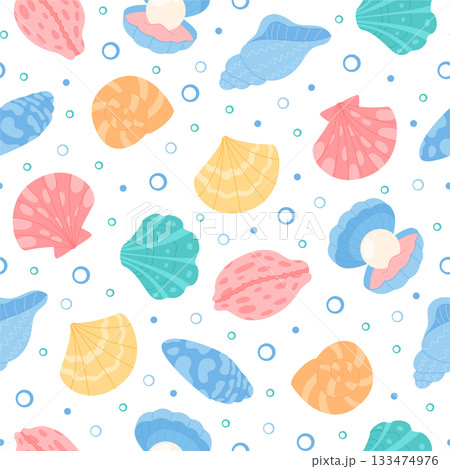 Seamless underwater pattern of marine seashells. Ocean design with clams, scallops, and conch shells in cartoon graphic style. Aquatic background perfect for summer themes, ocean projects, and marine 133474976