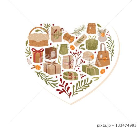 Rustic kraft heart gift sticker with green holiday package and present. Surprise box and container in a soft graphic style, unique for seasonal decor or festive packaging. Rustic kraft heart gift sticker with green holiday package and present. Surprise box and container in a soft graphic style, unique for seasonal decor or festive packaging. 133474993