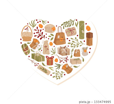 Vintage heart sticker with kraft present and box package in flat style. Cardboard gift and package arranged as a unique present, ideal for festive decoration holiday themes. Vintage heart sticker with kraft present and box package in flat style. Cardboard gift and package arranged as a unique present, ideal for festive decoration holiday themes. 133474995