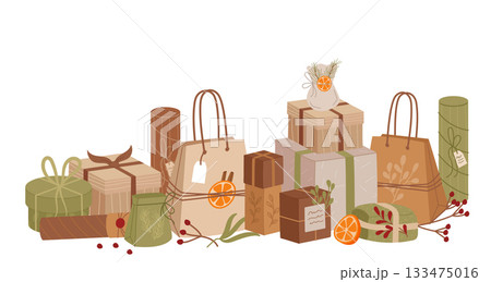 Flat rustic kraft gift box collection with eco package, green cardboard present and pile of christmas boxes. Modern graphic set for holiday decoration, natural festive style. Flat rustic kraft gift box collection with eco package, green cardboard present and pile of christmas boxes. Modern graphic set for holiday decoration, natural festive style. 133475016