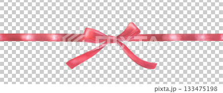 Long seamless border with a red bow on a ribbon. Watercolor illustration of a holiday decor. Hand drawn vintage sketch on white isolated background. Water color painting art image. 133475198