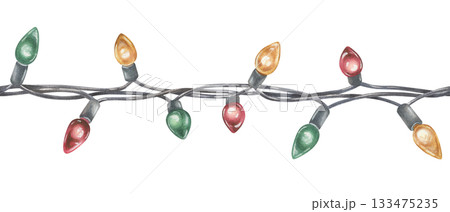 Seamless Border of multicolored Christmas Lights. Watercolor illustration of a garland. Hand drawn vintage holiday decoration on white isolated background. Water color painting art image 133475235