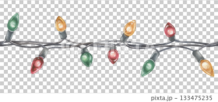 Seamless Border of multicolored Christmas Lights. Watercolor illustration of a garland. Hand drawn vintage holiday decoration on white isolated background. Water color painting art image 133475235