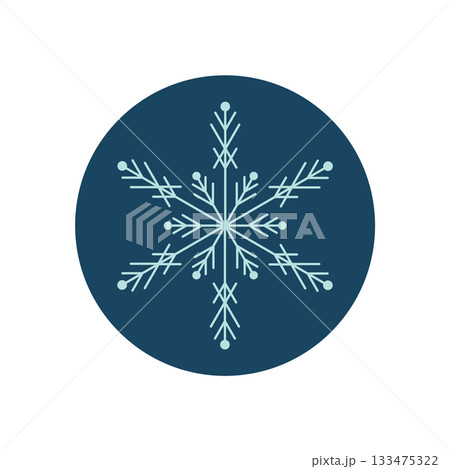 Winter snow flake line icon in blue and white on a round label. Frozen element with cold decoration and circle shape as christmas seal for package. Simple style ideal for holiday product. 133475322