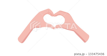 Colorful flat hand heart gesture. Two human hands form a heart shape, symbolizing love, unity, and support. Represents friendship, aid, and solidarity in a creative minimalist style. 133475436