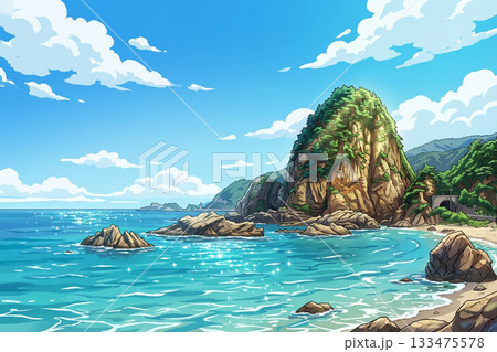 AIイラスト-笹川流れ蓬莱山は天下の奇勝。キャンプ、海水浴客、釣り人で賑わう。 133475578