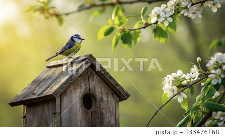 Blue tit perched on a wooden birdhouse surrounded by blooming flowers during golden hour 133476168