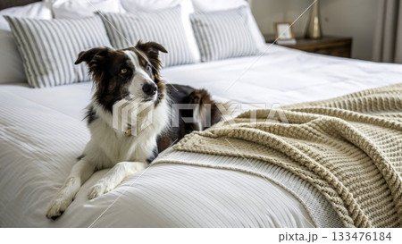 Playful border collie relaxing on a cozy bed in a bright, inviting bedroom during daytime Playful border collie relaxing on a cozy bed in a bright, inviting bedroom during daytime 133476184