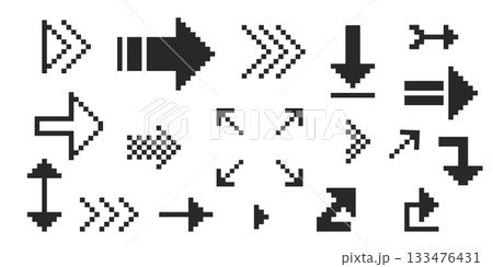 Pixel arrow set. Pixel art different directions 8 bit gaming console style sign. Interface icon. Collection 133476431