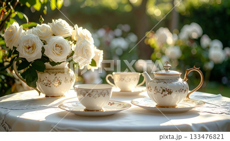 Luxury European Tea Set on Table in White Rose Garden 133476821