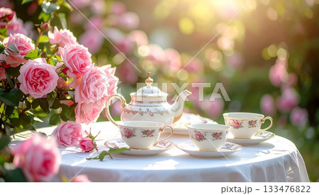 Luxury European Tea Set on Table in Pink Rose Garden Luxury European Tea Set on Table in Pink Rose Garden 133476822