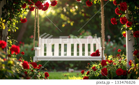 White Wooden Swing in Red Rose Garden 133476826
