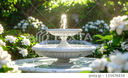 White Marble Fountain in Gardenia Garden 133476838