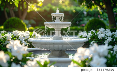 White Marble Fountain in Gardenia Garden 133476839