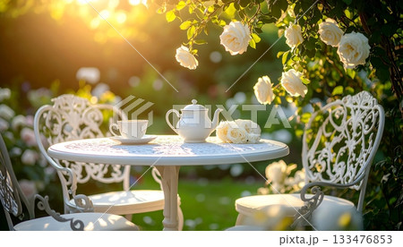 English Garden Tea Table and Chairs in White Rose Garden, Warm Sunlight 133476853