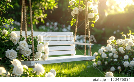 White Wooden Swing in White Rose Garden White Wooden Swing in White Rose Garden 133476854