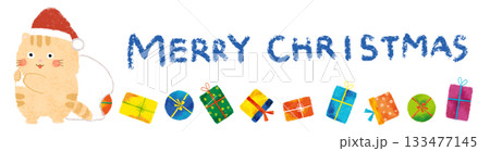 ねこのサンタクロースとプレゼント 飾り罫 クレヨンタッチ ねこのサンタクロースとプレゼント 飾り罫 クレヨンタッチ 133477145