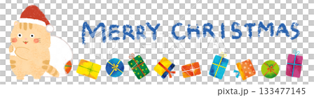 ねこのサンタクロースとプレゼント 飾り罫 クレヨンタッチ ねこのサンタクロースとプレゼント 飾り罫 クレヨンタッチ 133477145