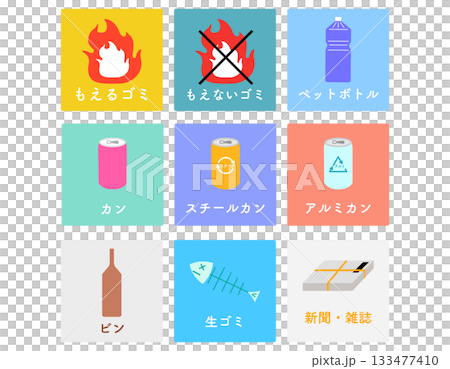 ゴミ分別のイラストセット　アイコンセット　カラー 133477410
