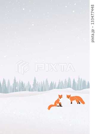 Snawfall in minimalist snowscape with two foxes have pine forest far away vertical template graphic illustration. 133477448