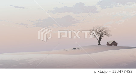 Silhouette deciduous tree and country house on the hill in the middle of dried land with vanilla sky background graphic illustration have blank space. 133477452