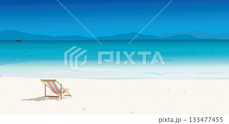 Beach chair at white sand beach and tropical blue sea have mountain ranges and blue sky background graphic illustration. 133477455