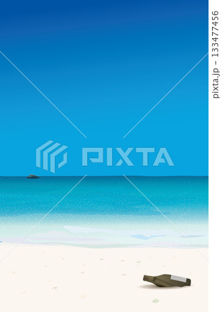 A letter in a bottle of liquor at white sand beach and tropical blue sea have blue sky vertical background graphic illustration.A letter in a bottle of liquor at white sand beach and tropical blue sea 133477456