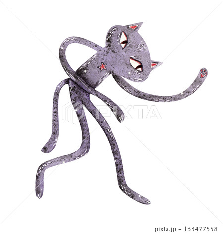 A purple space cat. A hand-drawn watercolor cartoon illustration for children. 133477558