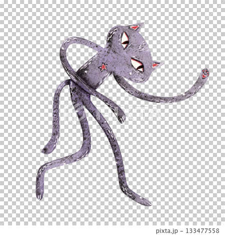 A purple space cat. A hand-drawn watercolor cartoon illustration for children. 133477558