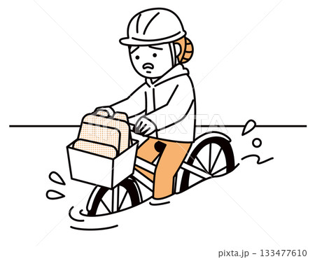 冠水地帯を自転車で避難する女性 133477610