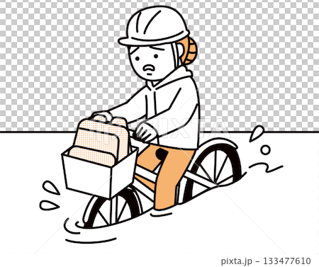 冠水地帯を自転車で避難する女性 133477610