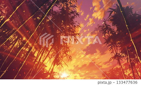 アニメ調の竹林のシルエットと初日の出　AI画像 133477636