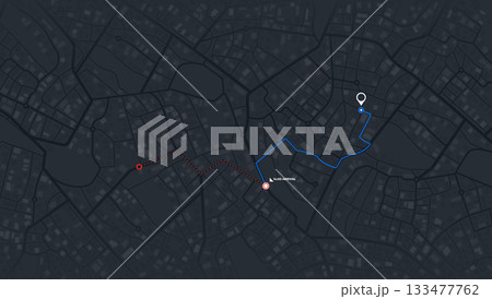 Map navigation. Route planning, Location tracking geolocation. Abstract city map with GPS pin. Urban streets with marked path. Vector illustration 133477762