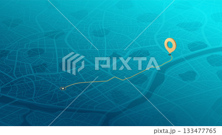 Map navigation. Route planning, Location tracking geolocation. Abstract city map with GPS pin. Isometric cityscape navigation. Urban streets with marked path. Vector illustration 133477765