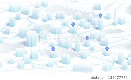 Isometric 3D city map with real estate and building location pins. Office location, housing market, GPS navigation. Change location announcement business home map. Vector illustration 133477772