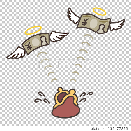 An illustration of money with wings flying away from a wallet. 133477856